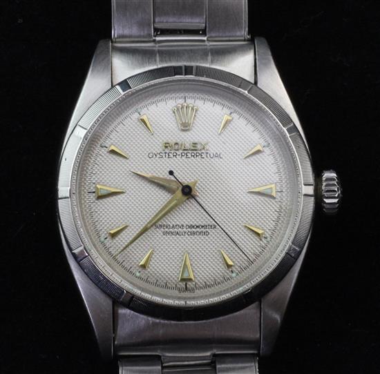 A gentlemans late 1950s stainless steel Rolex Oyster Perpetual wrist watch, no box or paperwork.